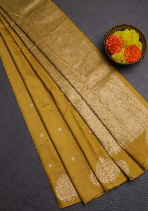 Semi Chanderi Silk Cotton Saree Mustard Yellow With Allover Zari Woven Buttas And Zari Woven Butta Border With Buttas And Brocade Design For Women