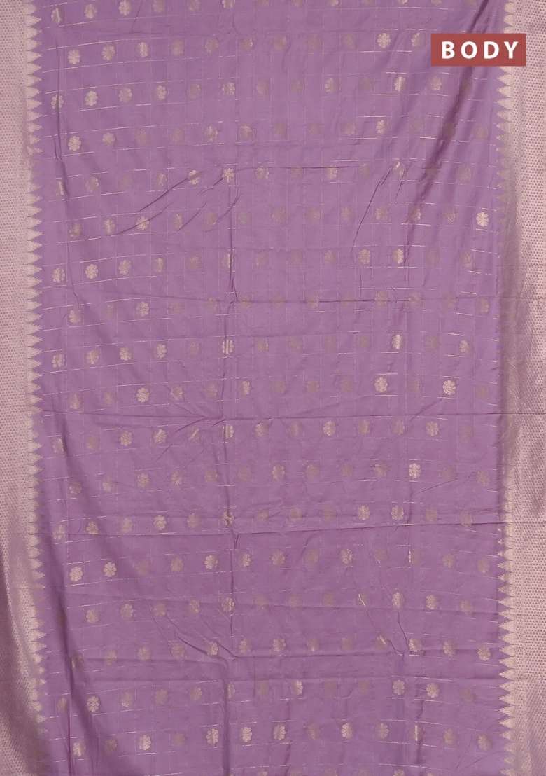 Semi Chanderi Silk Cotton Saree Lavender With Allover Zari Checks Buttas And Zari Woven Border With Buttas And Brocade Design For Women - Indya