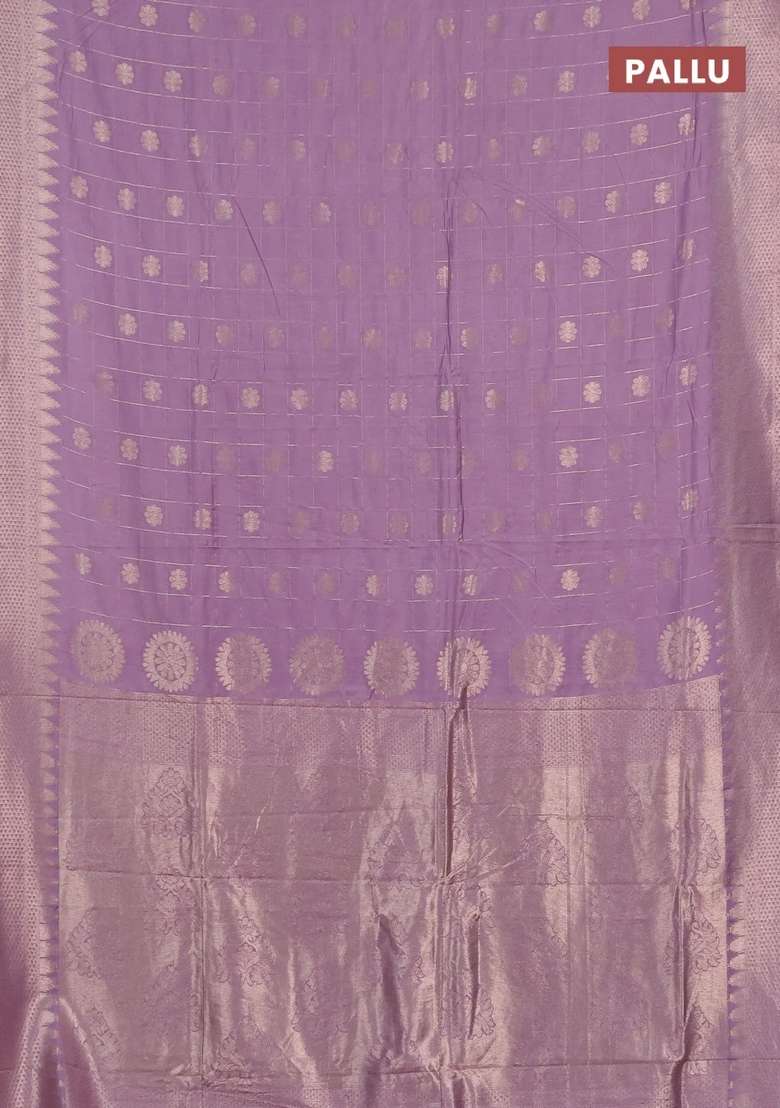 Semi Chanderi Silk Cotton Saree Lavender With Allover Zari Checks Buttas And Zari Woven Border With Buttas And Brocade Design For Women - Indya
