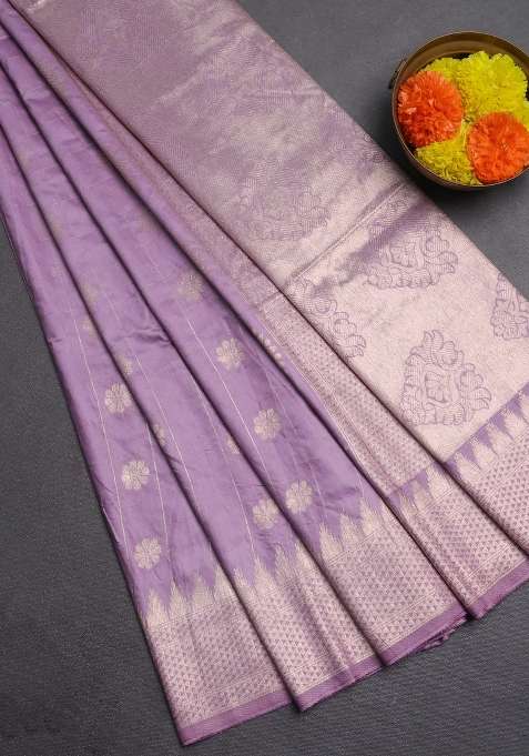 Semi Chanderi Silk Cotton Saree Lavender With Allover Zari Checks Buttas And Zari Woven Border With Buttas And Brocade Design For Women