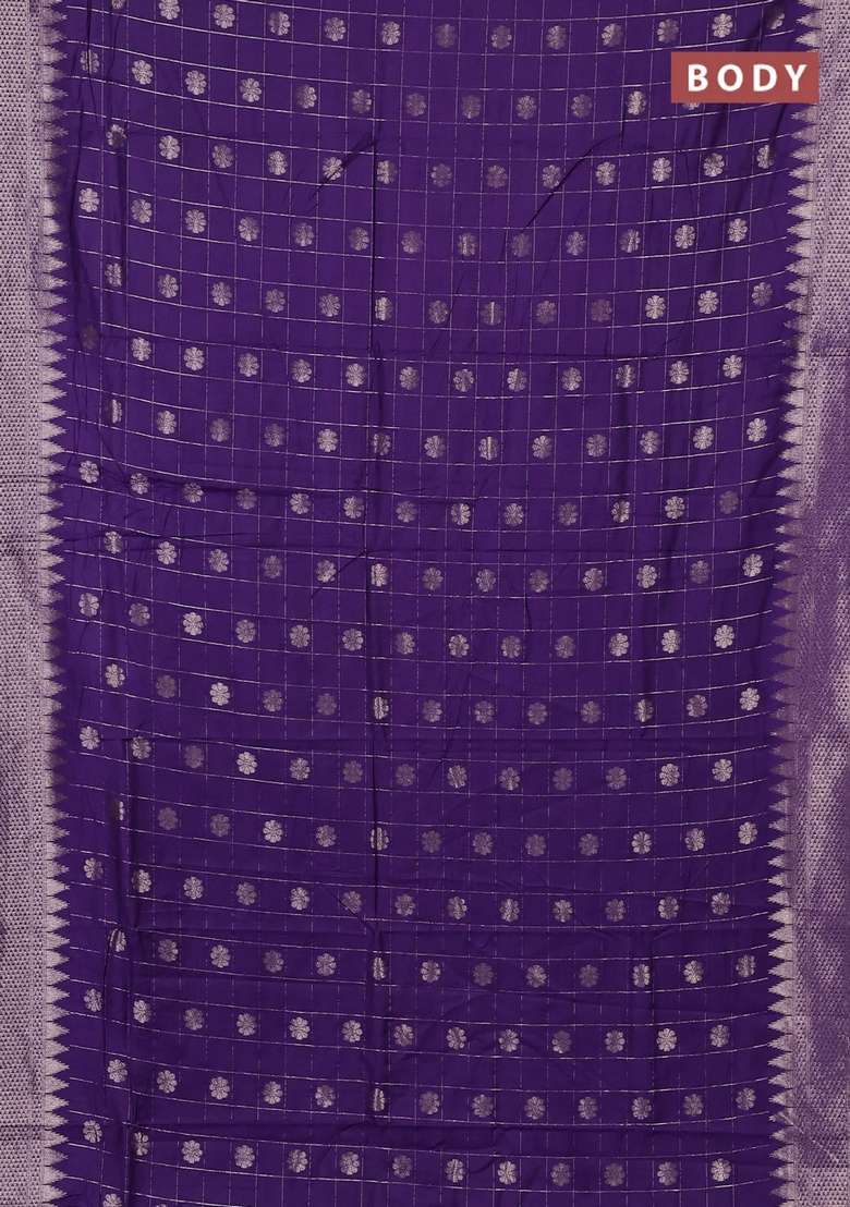 Semi Chanderi Silk Cotton Saree Violet With Allover Zari Checks Buttas And Zari Woven Border With Buttas And Brocade Design For Women - Indya