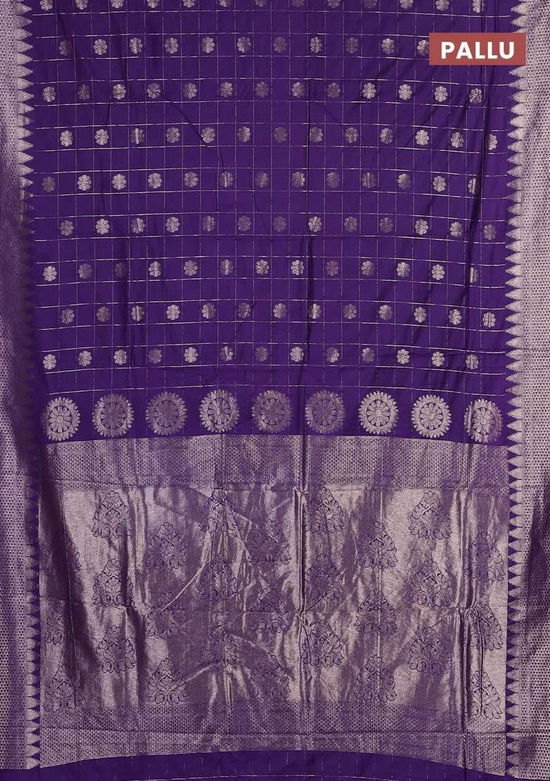 Semi Chanderi Silk Cotton Saree Violet With Allover Zari Checks Buttas And Zari Woven Border With Buttas And Brocade Design For Women - Indya