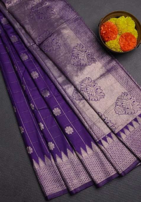 Semi Chanderi Silk Cotton Saree Violet With Allover Zari Checks Buttas And Zari Woven Border With Buttas And Brocade Design For Women