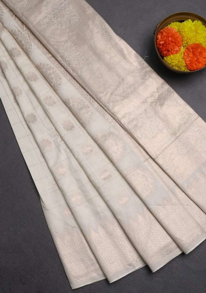 Semi Chanderi Silk Cotton Saree Off White With Allover Zari Checks Buttas And Zari Woven Border With Buttas And Brocade Design For Women - Indya