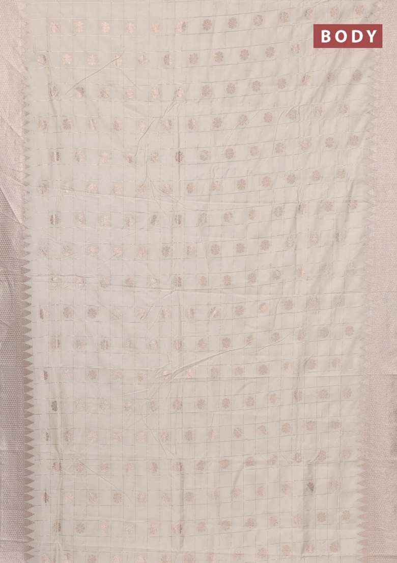 Semi Chanderi Silk Cotton Saree Off White With Allover Zari Checks Buttas And Zari Woven Border With Buttas And Brocade Design For Women - Indya