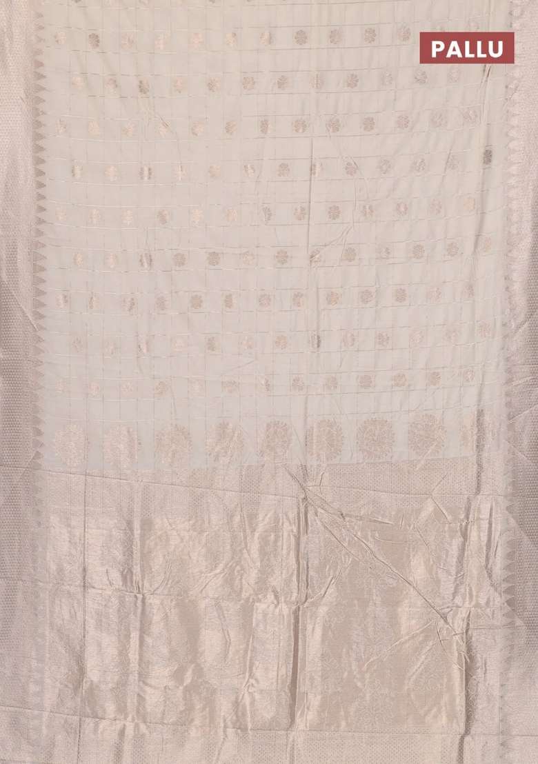 Semi Chanderi Silk Cotton Saree Off White With Allover Zari Checks Buttas And Zari Woven Border With Buttas And Brocade Design For Women - Indya
