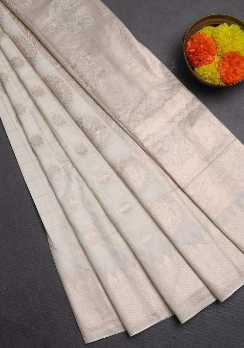 Semi Chanderi Silk Cotton Saree Off White With Allover Zari Checks Buttas And Zari Woven Border With Buttas And Brocade Design For Women