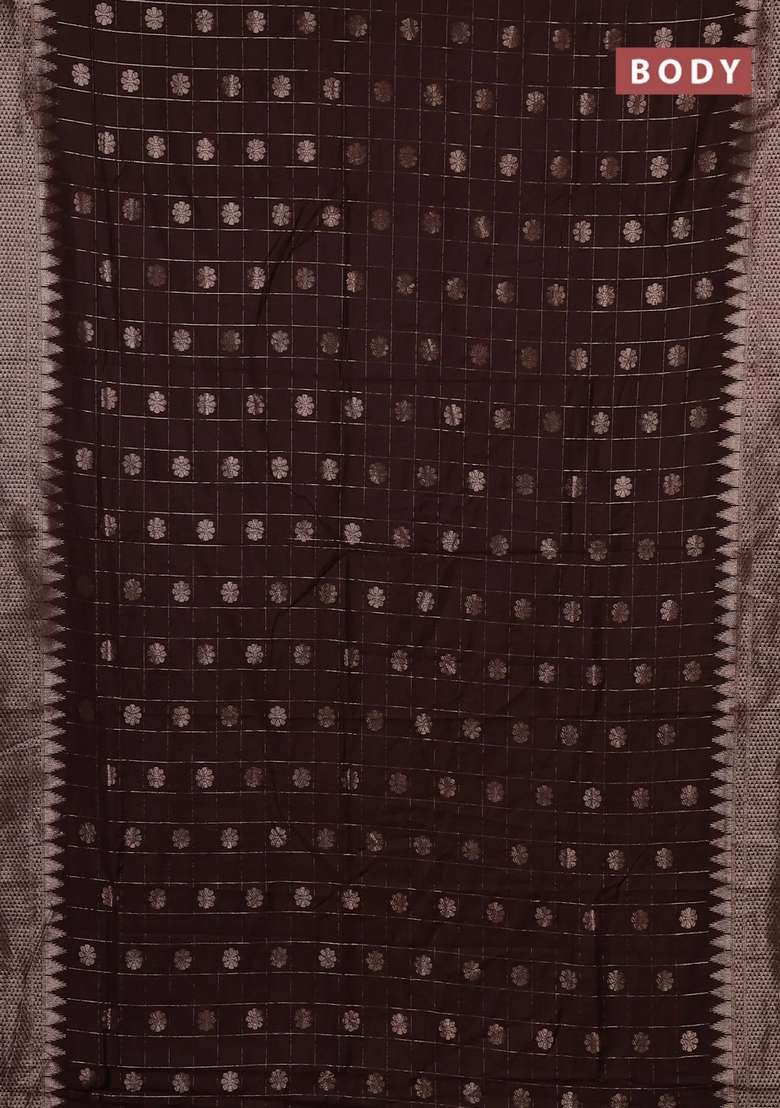 Semi Chanderi Silk Cotton Saree Brown With Allover Zari Checks Buttas And Zari Woven Border With Buttas And Brocade Design For Women - Indya