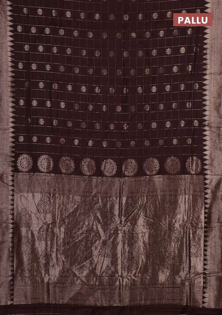 Semi Chanderi Silk Cotton Saree Brown With Allover Zari Checks Buttas And Zari Woven Border With Buttas And Brocade Design For Women - Indya
