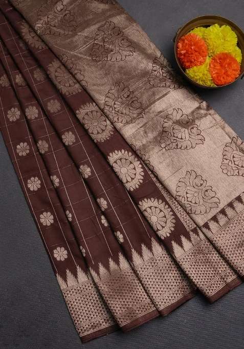 Semi Chanderi Silk Cotton Saree Brown With Allover Zari Checks Buttas And Zari Woven Border With Buttas And Brocade Design For Women