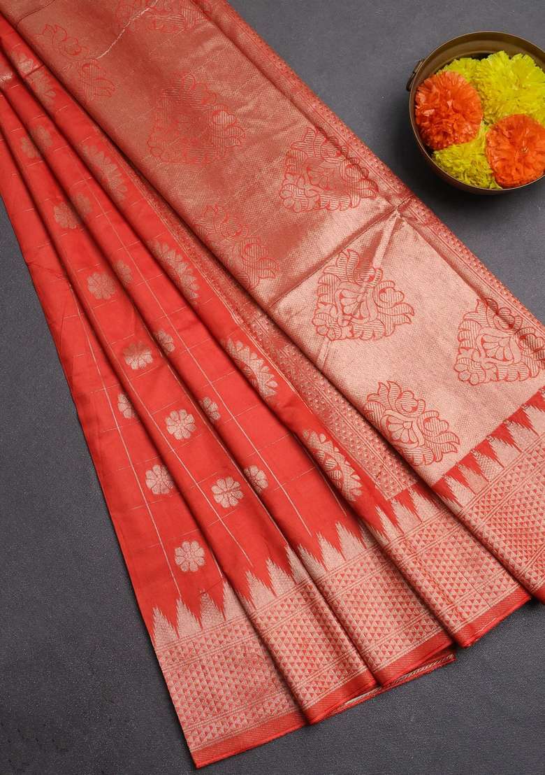 Semi Chanderi Silk Cotton Saree Orange With Allover Zari Checks Buttas And Zari Woven Border With Buttas And Brocade Design For Women - Indya