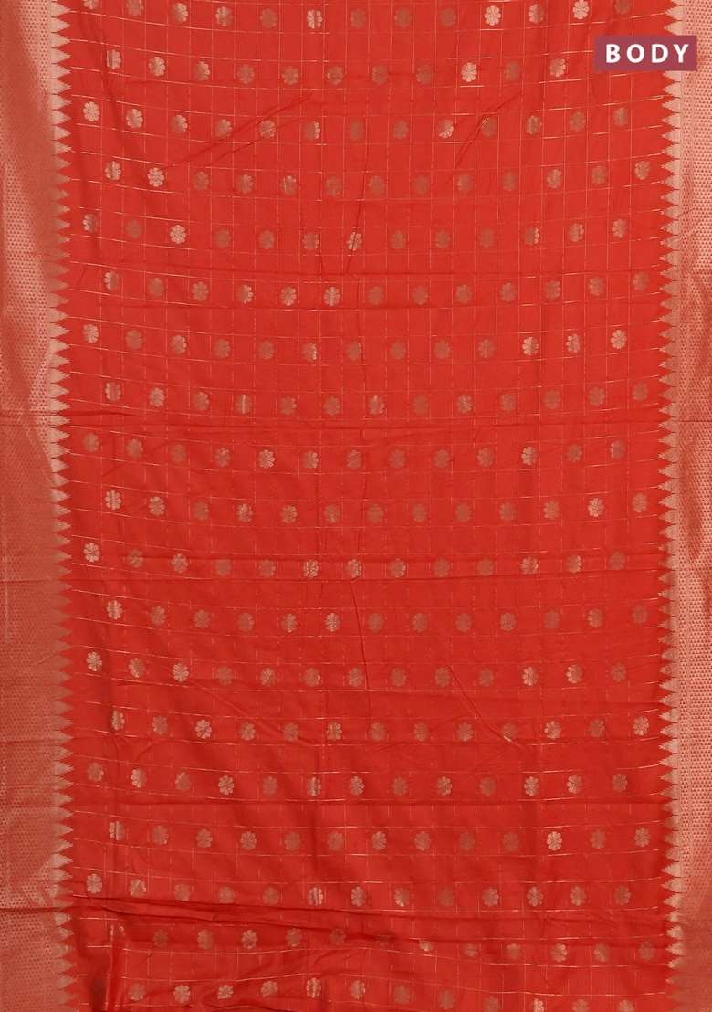 Semi Chanderi Silk Cotton Saree Orange With Allover Zari Checks Buttas And Zari Woven Border With Buttas And Brocade Design For Women - Indya