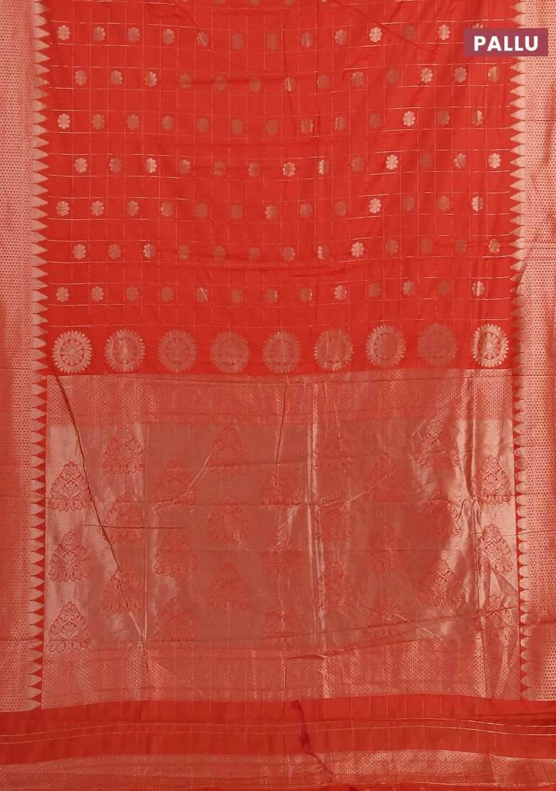 Semi Chanderi Silk Cotton Saree Orange With Allover Zari Checks Buttas And Zari Woven Border With Buttas And Brocade Design For Women - Indya