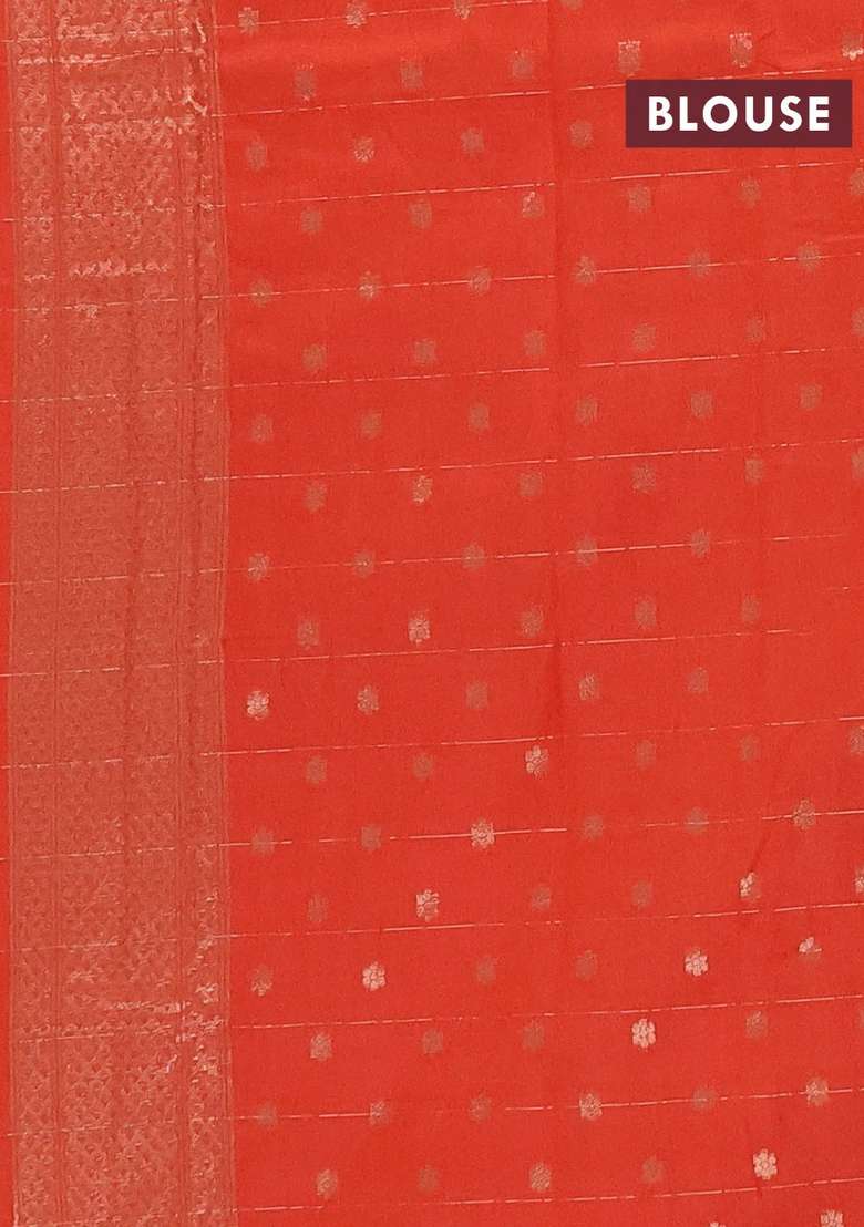Semi Chanderi Silk Cotton Saree Orange With Allover Zari Checks Buttas And Zari Woven Border With Buttas And Brocade Design For Women - Indya