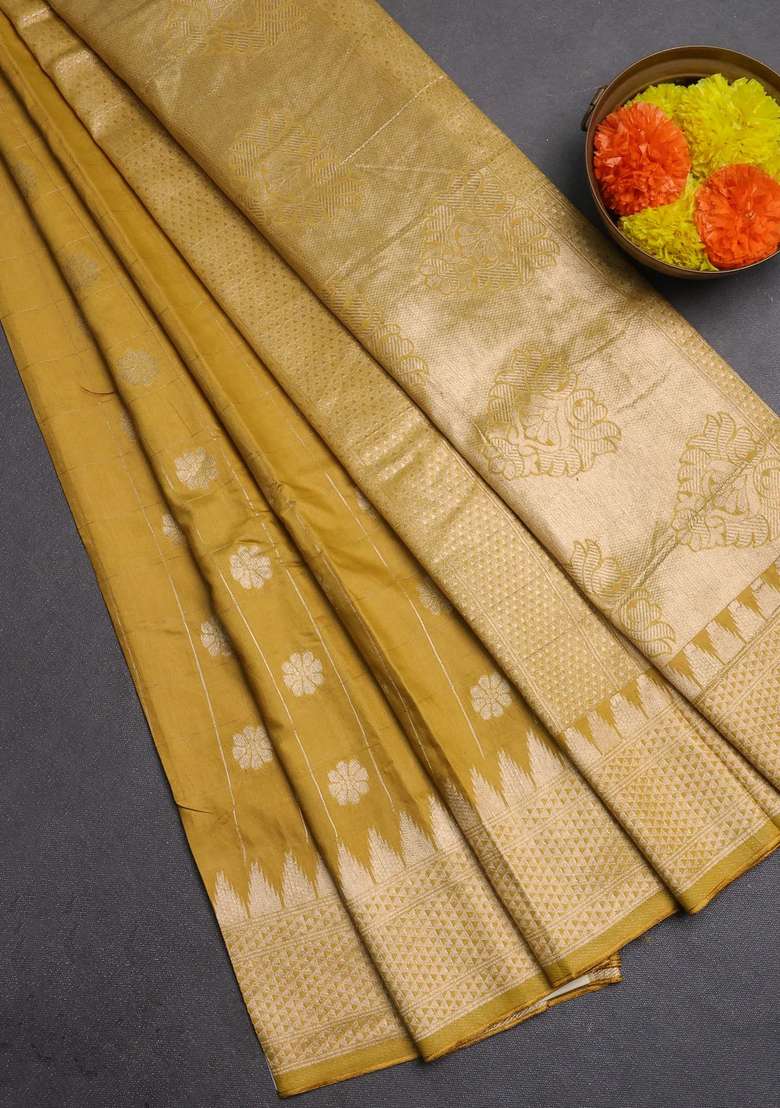 Semi Chanderi Silk Cotton Saree Mustard Yellow With Allover Zari Checks Buttas And Zari Woven Border With Buttas And Brocade Design For Women - Indya