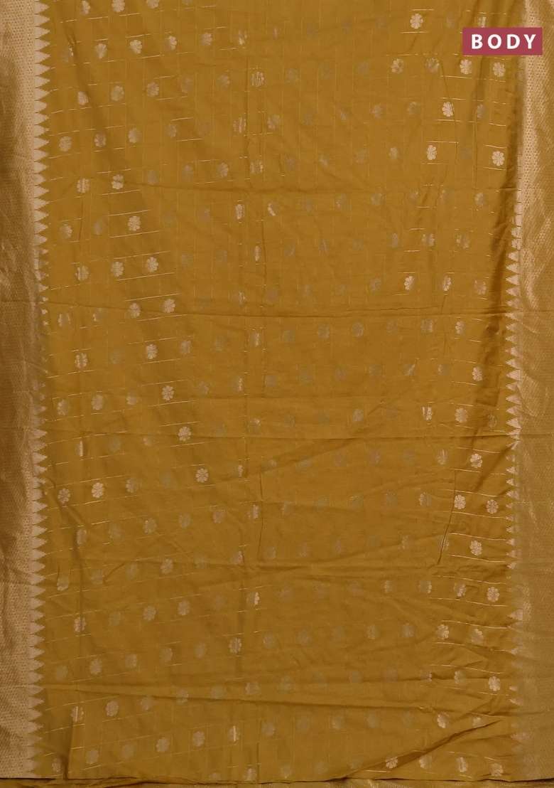 Semi Chanderi Silk Cotton Saree Mustard Yellow With Allover Zari Checks Buttas And Zari Woven Border With Buttas And Brocade Design For Women - Indya