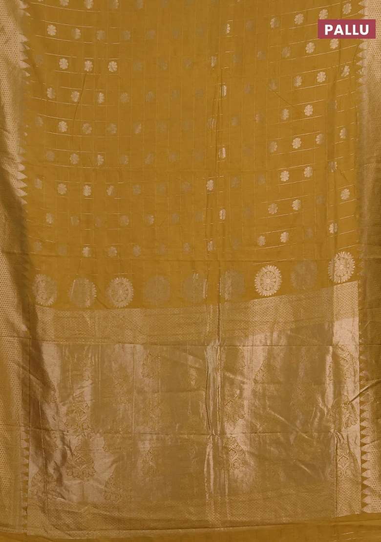Semi Chanderi Silk Cotton Saree Mustard Yellow With Allover Zari Checks Buttas And Zari Woven Border With Buttas And Brocade Design For Women - Indya