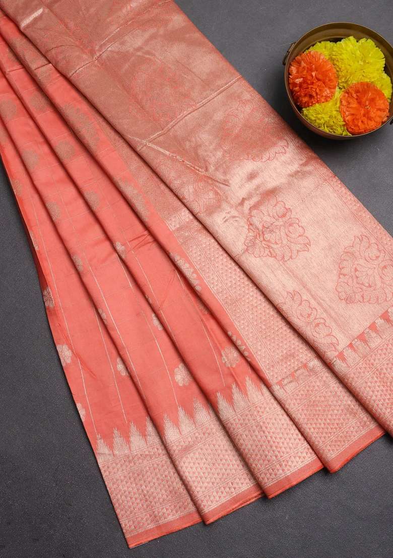 Semi Chanderi Silk Cotton Saree Orange With Allover Zari Checks Buttas And Zari Woven Border With Buttas And Brocade Design For Women - Indya