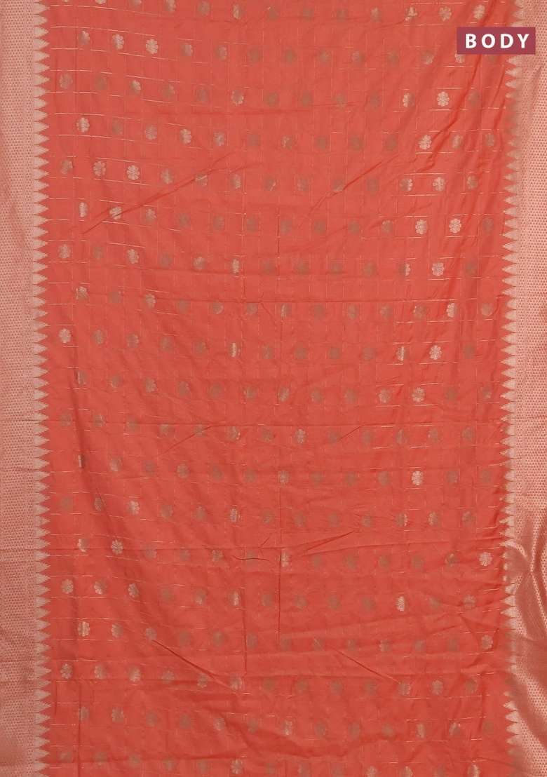 Semi Chanderi Silk Cotton Saree Orange With Allover Zari Checks Buttas And Zari Woven Border With Buttas And Brocade Design For Women - Indya