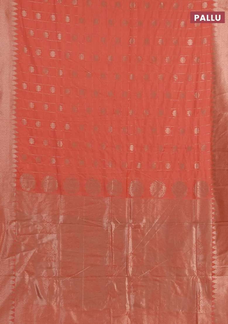 Semi Chanderi Silk Cotton Saree Orange With Allover Zari Checks Buttas And Zari Woven Border With Buttas And Brocade Design For Women - Indya