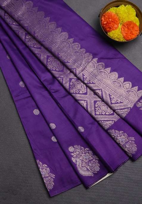 Semi Chanderi Silk Cotton Saree Violet With Allover Zari Woven Buttas And Zari Woven Butta Border With Buttas And Brocade Design For Women