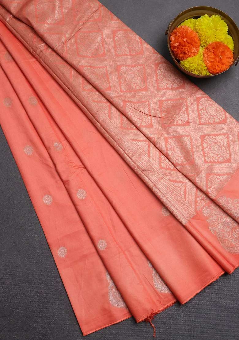 Semi Chanderi Silk Cotton Saree Peach Orange With Allover Zari Woven Buttas And Zari Woven Butta Border With Buttas And Brocade Design For Women - Indya