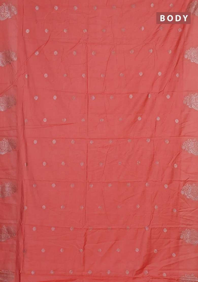 Semi Chanderi Silk Cotton Saree Peach Orange With Allover Zari Woven Buttas And Zari Woven Butta Border With Buttas And Brocade Design For Women - Indya