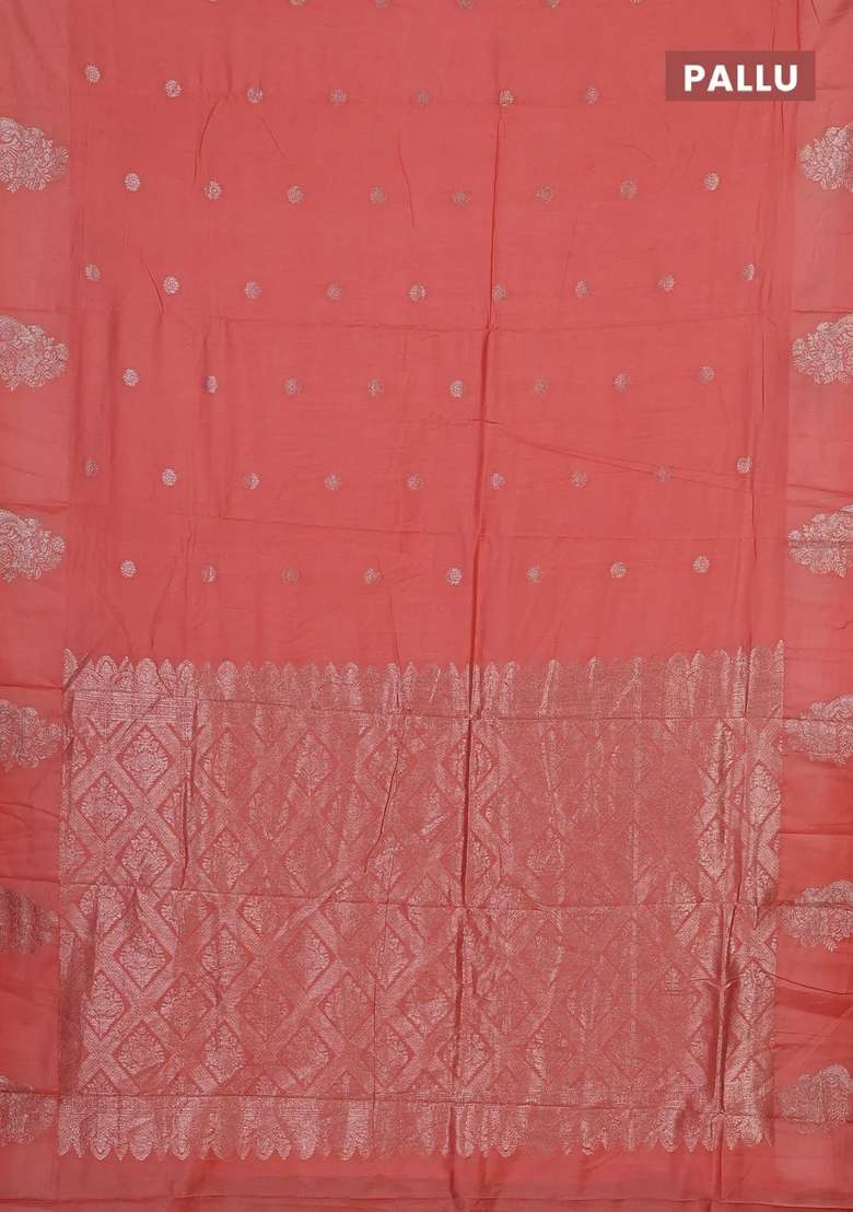 Semi Chanderi Silk Cotton Saree Peach Orange With Allover Zari Woven Buttas And Zari Woven Butta Border With Buttas And Brocade Design For Women - Indya