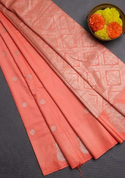 Semi Chanderi Silk Cotton Saree Peach Orange With Allover Zari Woven Buttas And Zari Woven Butta Border With Buttas And Brocade Design For Women