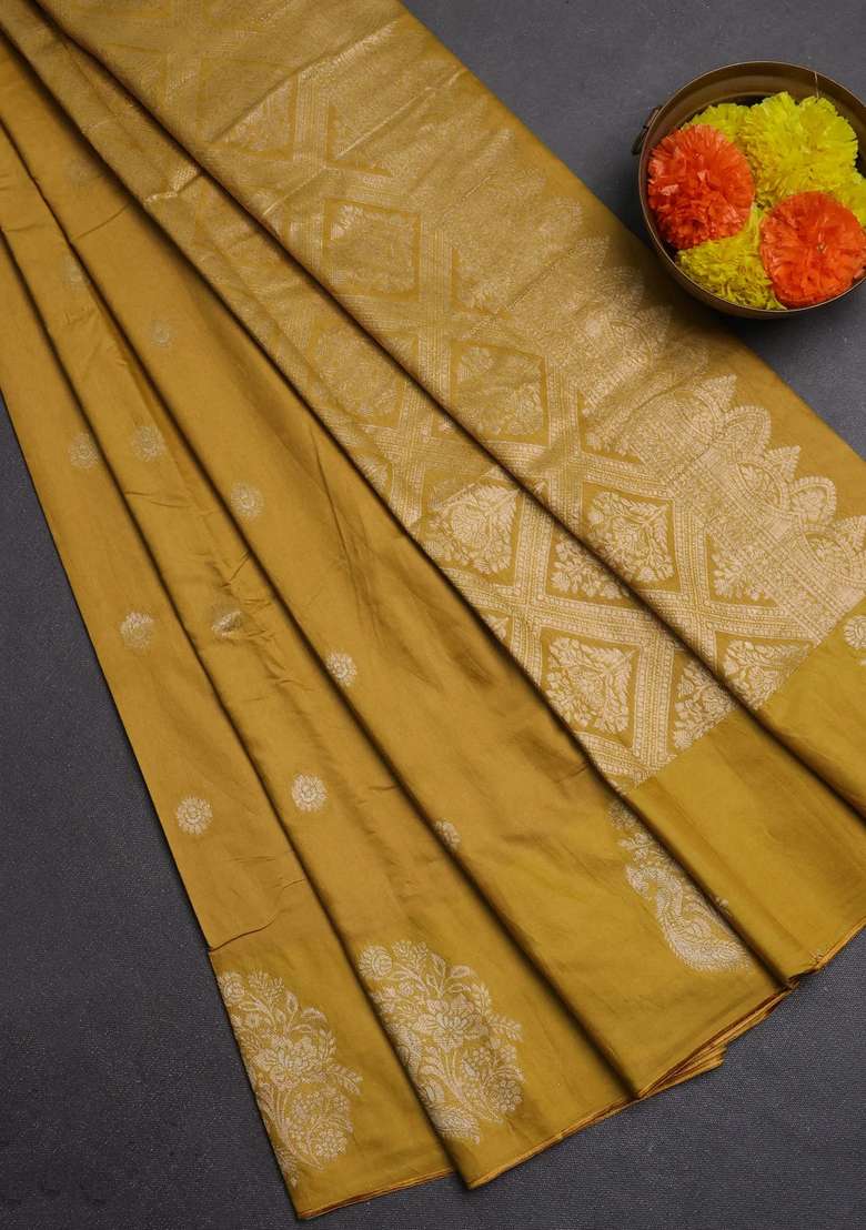 Semi Chanderi Silk Cotton Saree Mustard Yellow With Allover Zari Woven Buttas And Zari Woven Butta Border With Buttas And Brocade Design For Women - Indya