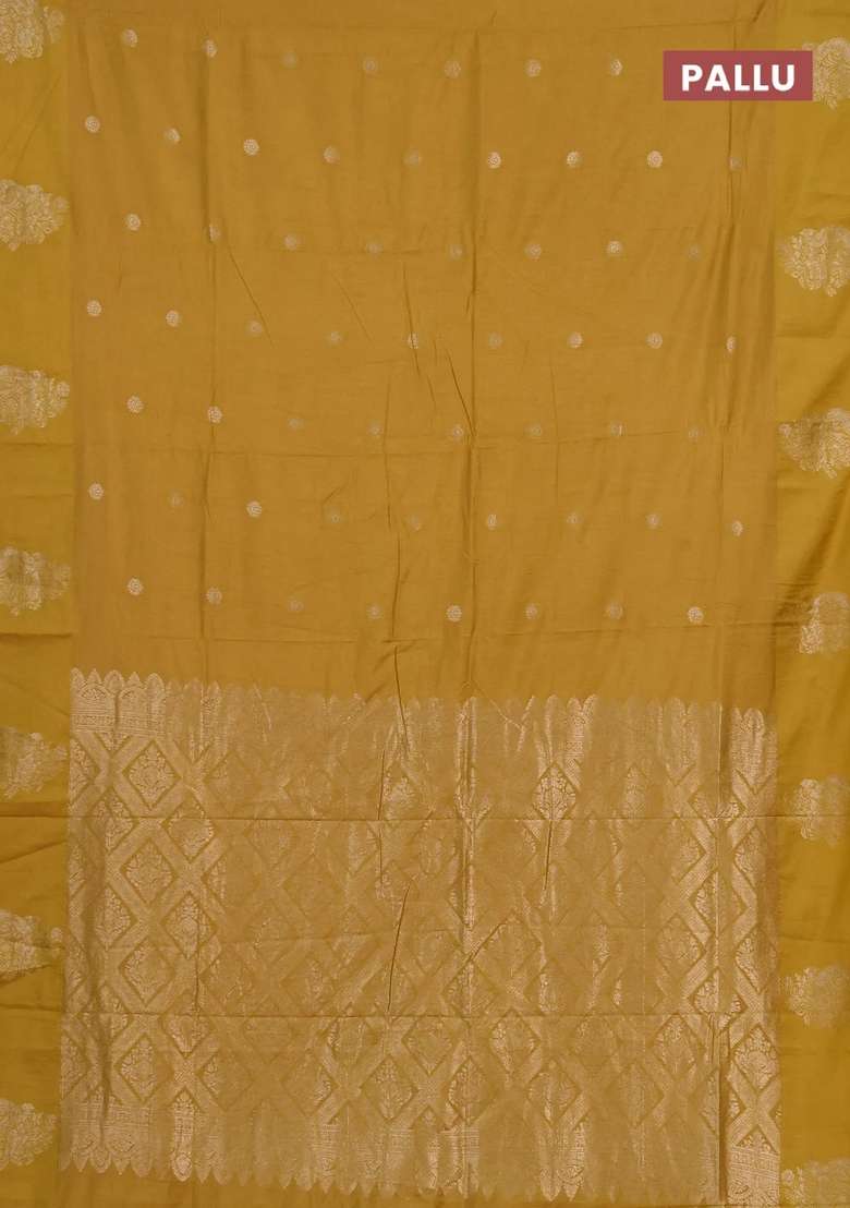 Semi Chanderi Silk Cotton Saree Mustard Yellow With Allover Zari Woven Buttas And Zari Woven Butta Border With Buttas And Brocade Design For Women - Indya