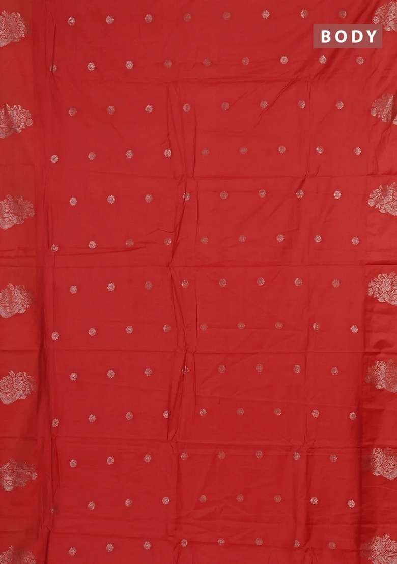 Semi Chanderi Silk Cotton Saree Orange With Allover Zari Woven Buttas And Zari Woven Butta Border With Buttas And Brocade Design For Women - Indya