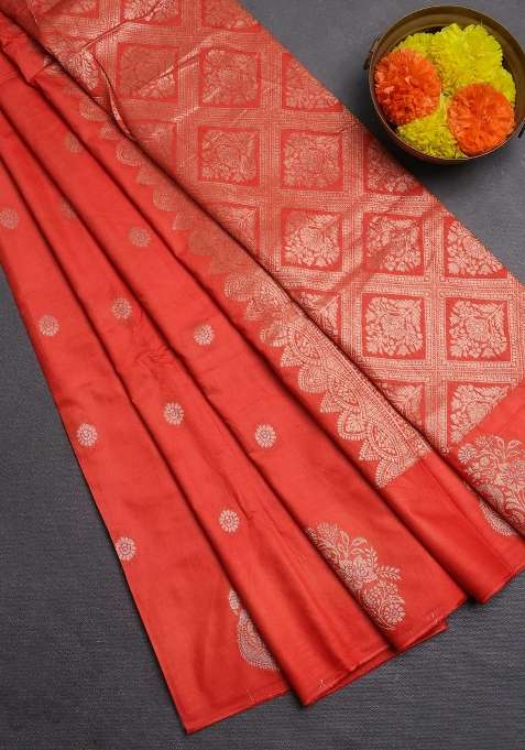 Semi Chanderi Silk Cotton Saree Orange With Allover Zari Woven Buttas And Zari Woven Butta Border With Buttas And Brocade Design For Women