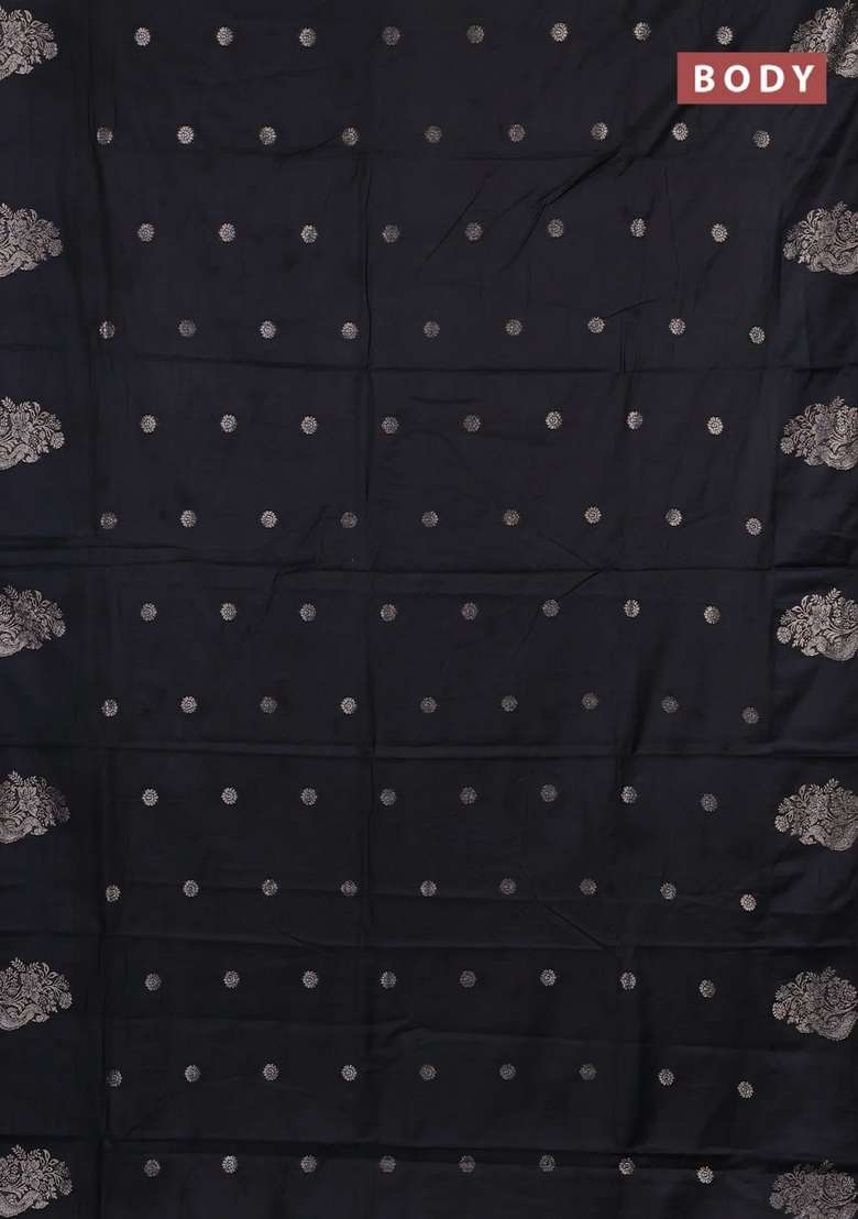 Semi Chanderi Silk Cotton Saree Black With Allover Zari Woven Buttas And Zari Woven Butta Border With Buttas And Brocade Design For Women - Indya