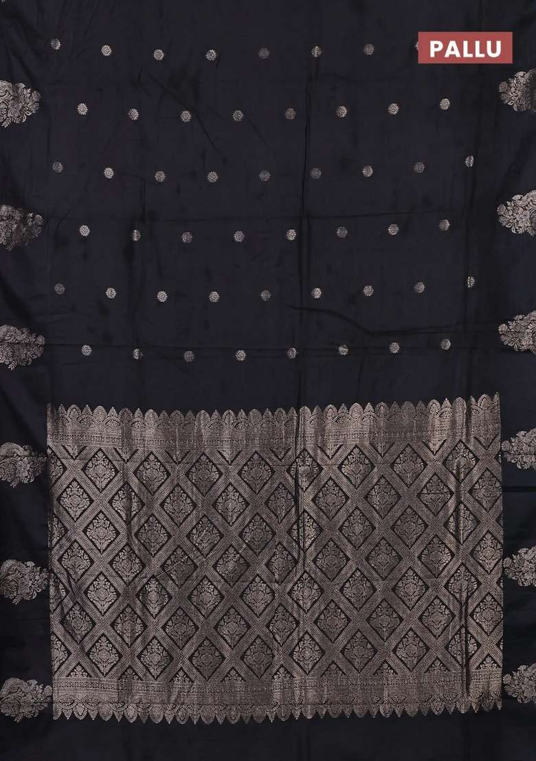 Semi Chanderi Silk Cotton Saree Black With Allover Zari Woven Buttas And Zari Woven Butta Border With Buttas And Brocade Design For Women - Indya
