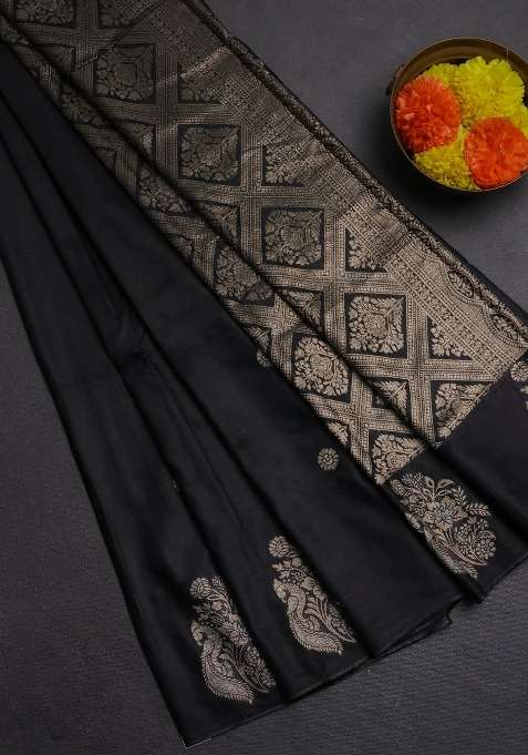 Semi Chanderi Silk Cotton Saree Black With Allover Zari Woven Buttas And Zari Woven Butta Border With Buttas And Brocade Design For Women