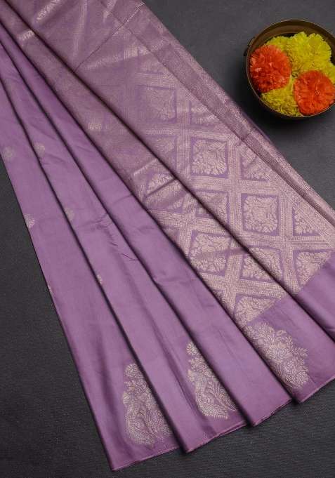 Semi Chanderi Silk Cotton Saree Pastel Purple With Allover Zari Woven Buttas And Zari Woven Butta Border With Buttas And Brocade Design For Women
