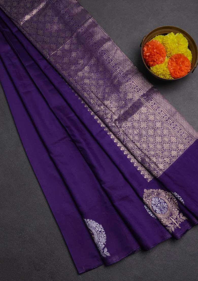 Semi Chanderi Silk Cotton Saree Violet With Plain Body And Zari Woven Butta Border With Buttas And Brocade Design For Women - Indya