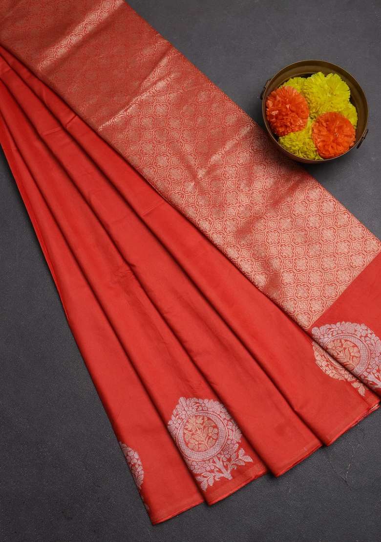 Semi Chanderi Silk Cotton Saree Orange With Plain Body And Zari Woven Butta Border With Buttas And Brocade Design For Women - Indya