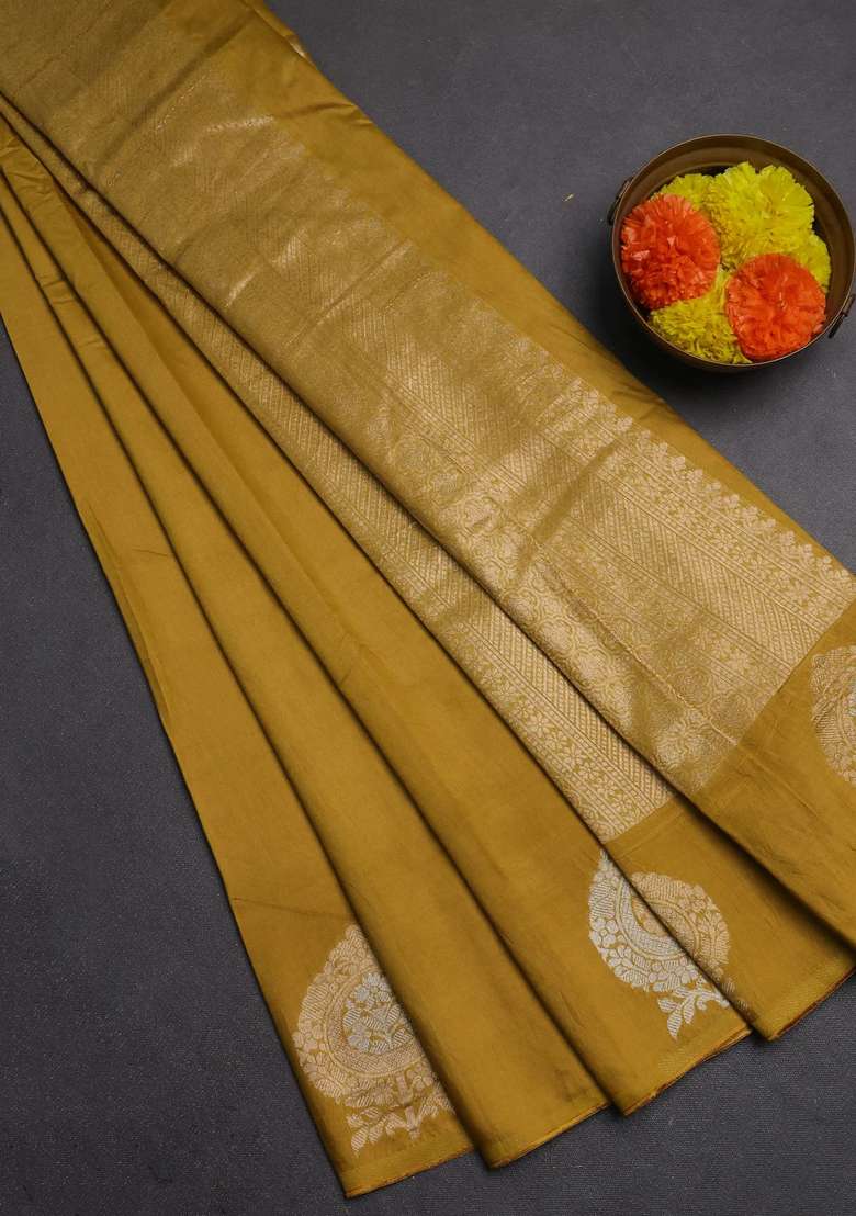 Semi Chanderi Silk Cotton Saree Mustard Yellow With Plain Body And Zari Woven Butta Border With Buttas And Brocade Design For Women - Indya