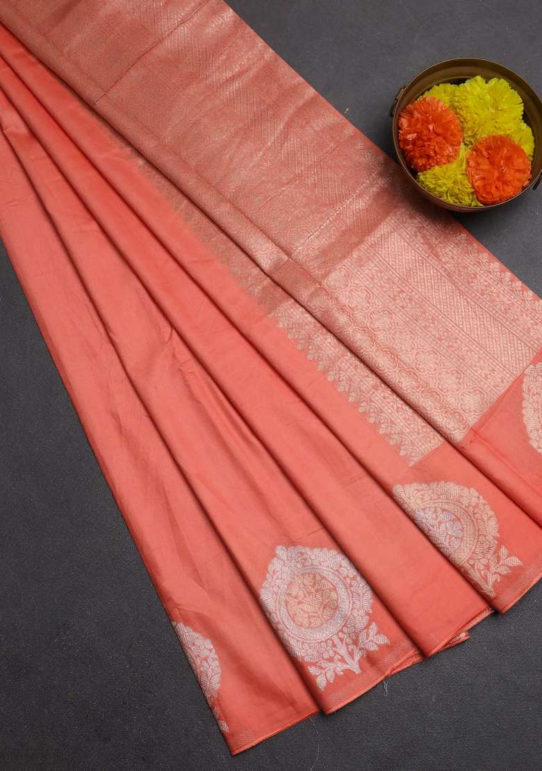 Semi Chanderi Silk Cotton Saree Orange With Plain Body And Zari Woven Butta Border With Buttas And Brocade Design For Women - Indya