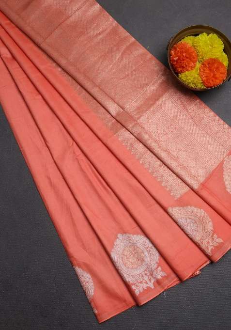 Semi Chanderi Silk Cotton Saree Orange With Plain Body And Zari Woven Butta Border With Buttas And Brocade Design For Women