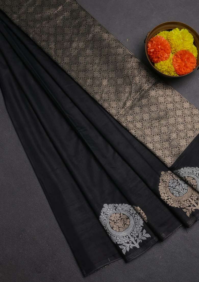 Semi Chanderi Silk Cotton Saree Black With Plain Body And Zari Woven Butta Border With Buttas And Brocade Design For Women - Indya