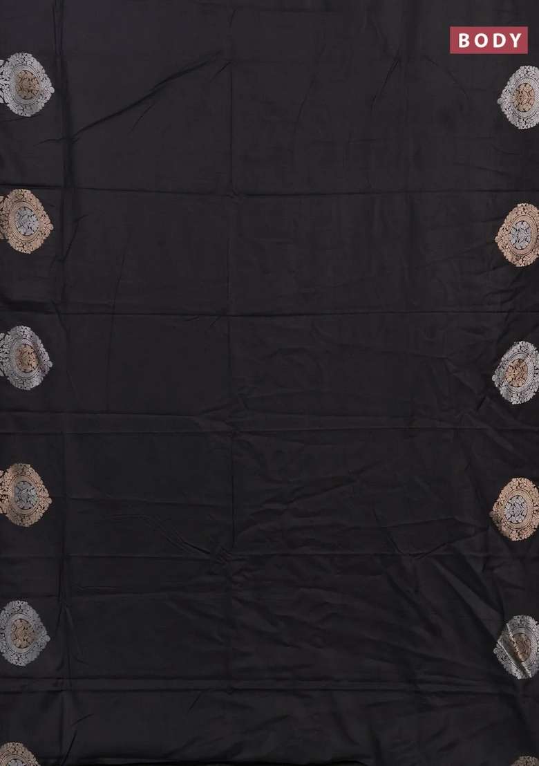 Semi Chanderi Silk Cotton Saree Black With Plain Body And Zari Woven Butta Border With Buttas And Brocade Design For Women - Indya