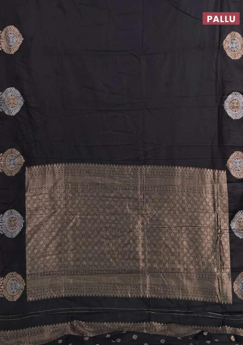 Semi Chanderi Silk Cotton Saree Black With Plain Body And Zari Woven Butta Border With Buttas And Brocade Design For Women - Indya