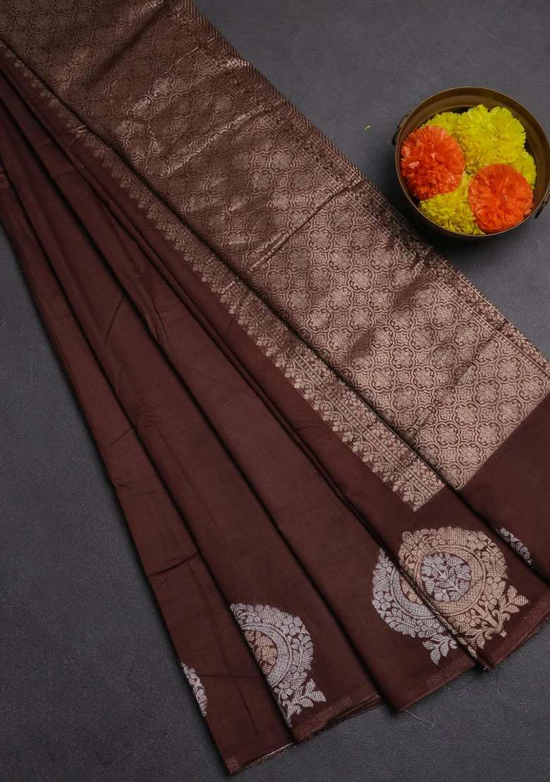 Semi Chanderi Silk Cotton Saree Brown With Plain Body And Zari Woven Butta Border With Buttas And Brocade Design For Women - Indya