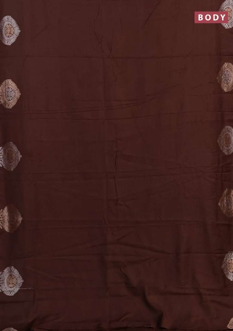 Semi Chanderi Silk Cotton Saree Brown With Plain Body And Zari Woven Butta Border With Buttas And Brocade Design For Women - Indya