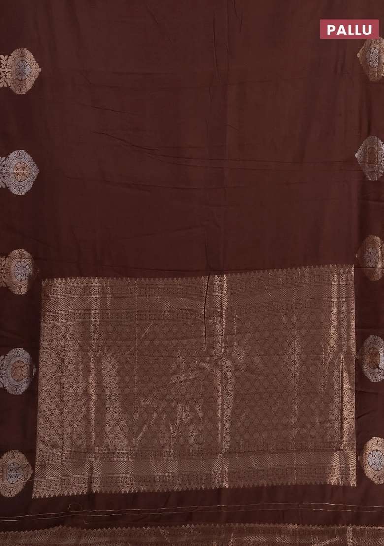Semi Chanderi Silk Cotton Saree Brown With Plain Body And Zari Woven Butta Border With Buttas And Brocade Design For Women - Indya