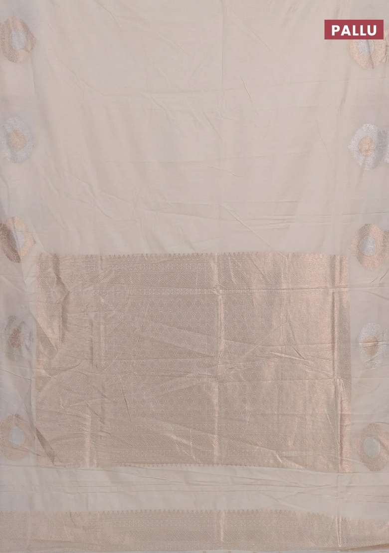 Semi Chanderi Silk Cotton Saree Off White With Plain Body And Zari Woven Butta Border With Buttas And Brocade Design For Women - Indya