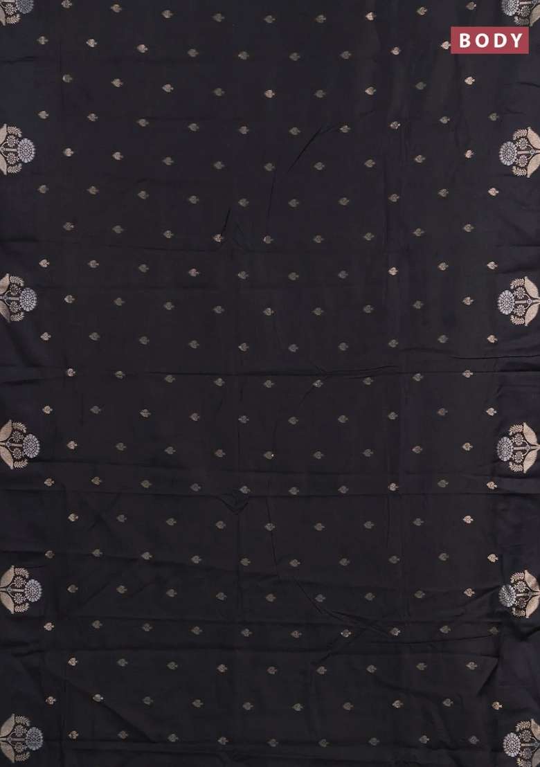 Semi Chanderi Silk Cotton Saree Black With Allover Zari Woven Buttas And Zari Woven Butta Border With Buttas And Brocade Design For Women - Indya